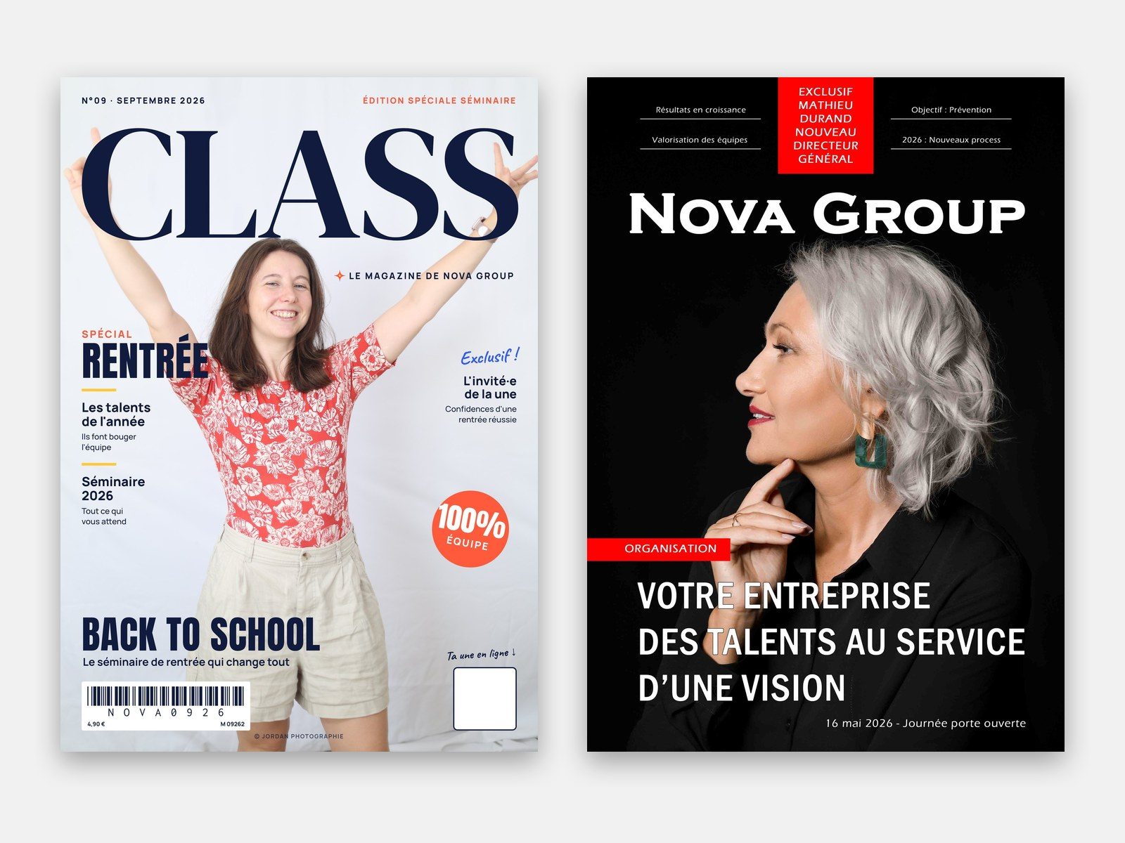 Deux couvertures de magazine personnalisées réalisées pour des clients : Back to School et Nova Group